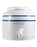 Dispensador de cerámica de agua natural en color blanco con rayas azules estilo vintage